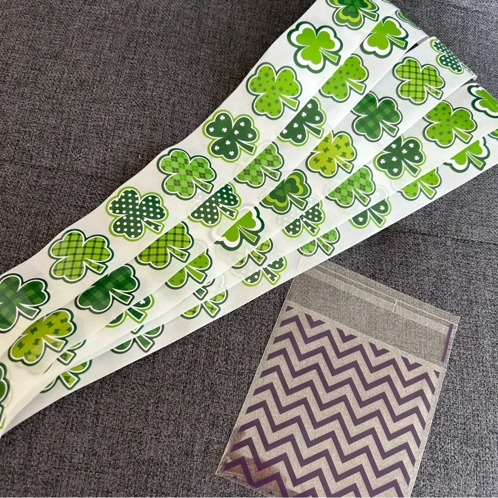 50 Count - Festive Shamrock, Clover Stickers, Variety, Green, White, 1.5 inches